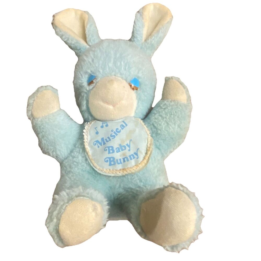 VTG KNICKERBOCKER Toy Co Musical Baby Bunny Blue Plush Animals RARE WORKS